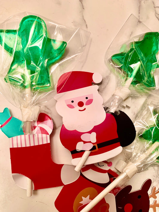 Christmas Holiday Lollipops,  Hard Candy Suckers,  Party Favors, stocking stuffers,  12 pops with Holiday Christmas Card